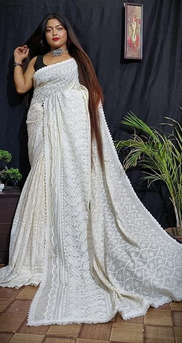 Cream color pure cotton sari full Body Lucknow Chikankari & Sequin Festival