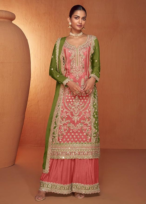 Olive & Pink Punjabi Suit with Palazzo Pants for Wedding