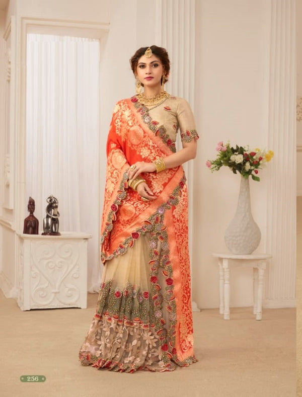 Cream Half N Half Floral Embroidered Saree For Wedding