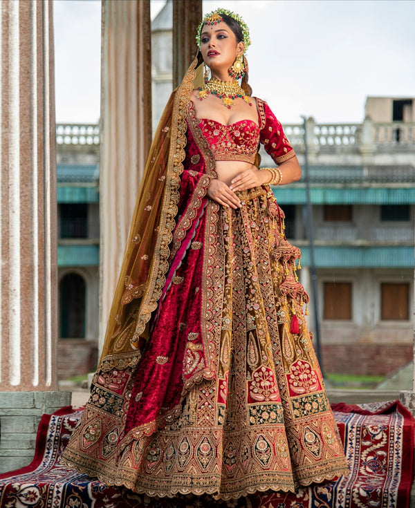 Mustard-Rani Designer Indian wedding & Semi Stitiched Velvet Bridal Lehenga Choli