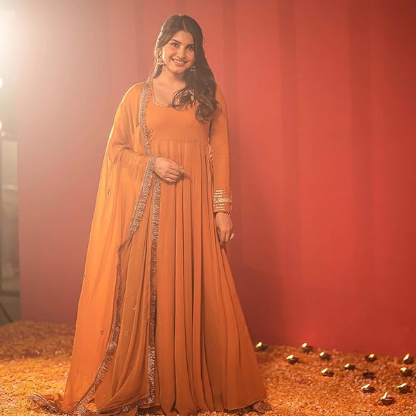 Orange Indian Georgette Festival Wedding Ready to Wear Anarkali Flared Dress