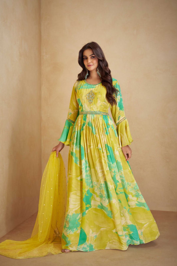 Green Designer Floral Printed Chinon Anarkali Suits For Festival