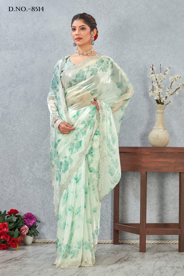 Fendy Sati Floral Digital Printed Saree with Zircon & Cut Work