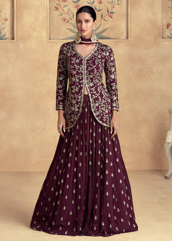 Wine Embroidered Chinnon Wedding Party Lehenga Dress