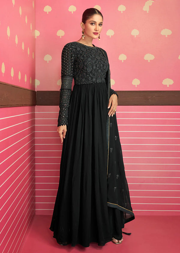 Black georgette embroidered party salwar kameez semi stitched