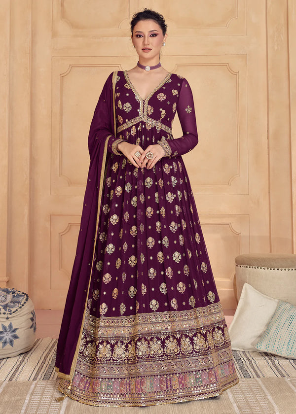 Wine Purple Real Georgette Zari Embroidered Long Anarkali Gown