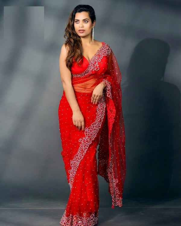 Red Cut, Diamond, Swarovski and Thread Work Georgette Trendy Saree