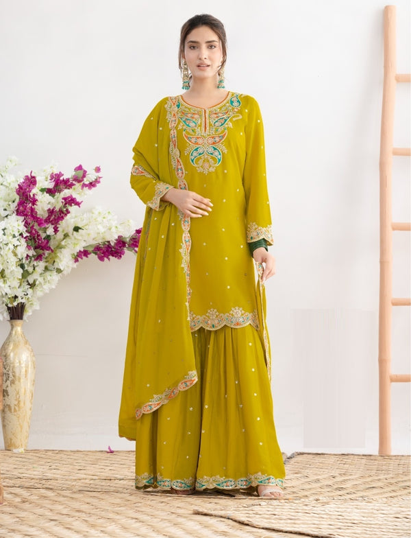 Beautiful Applique Work Party Wear Premium Chinon Suit