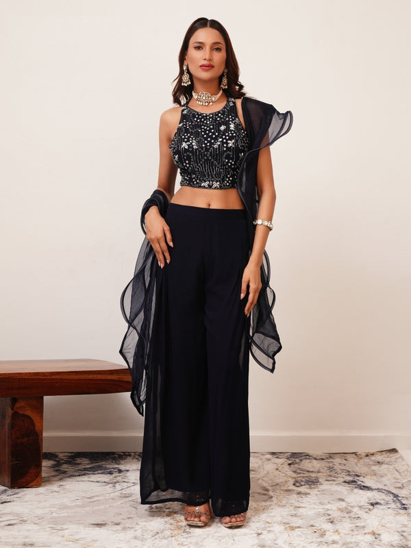 Indowestern Black Crop Top Palazzo Co-ord Set