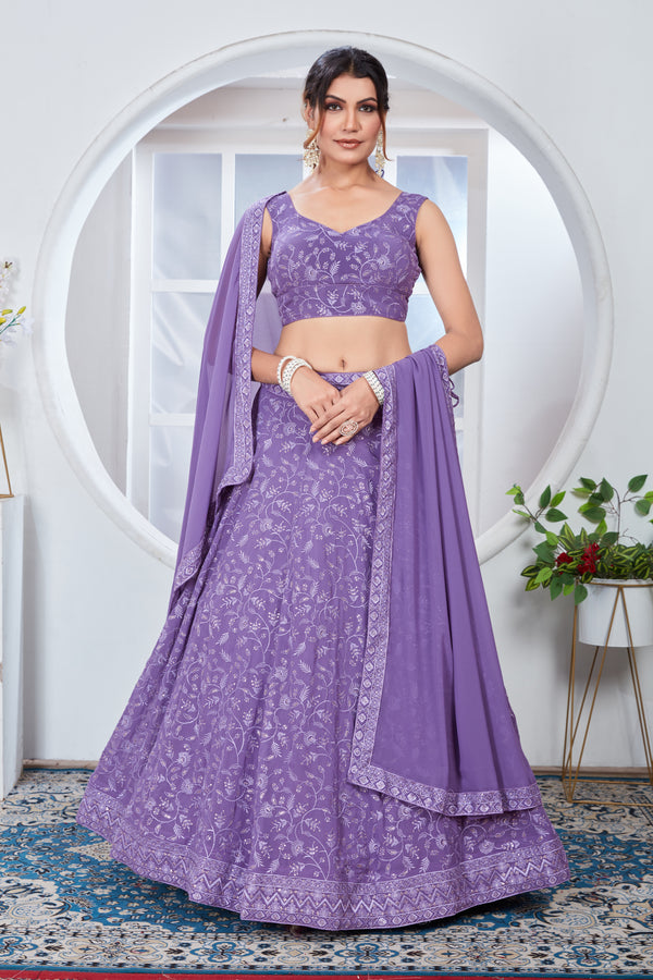 Purple Embroidered Georgette Designer Party Style Lehenga Choli