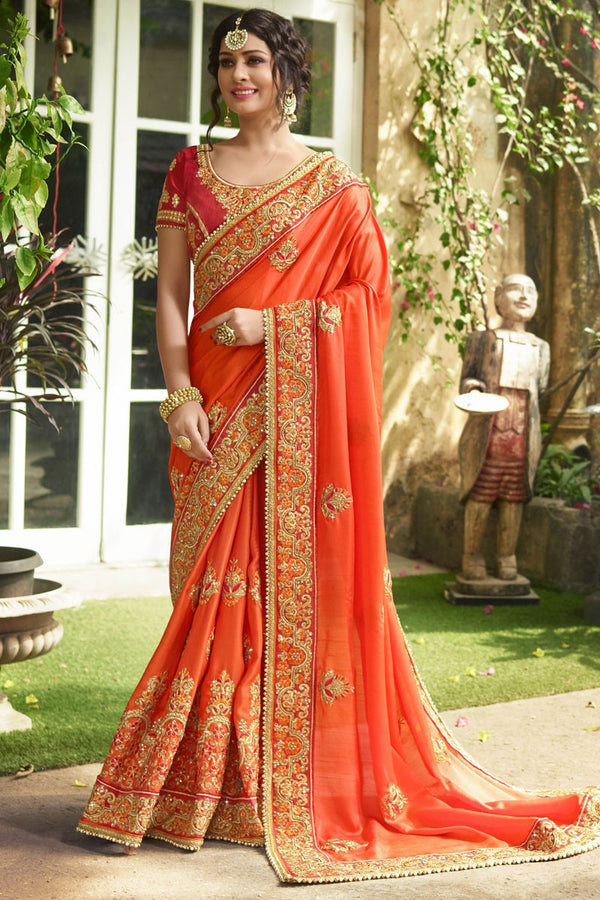 Orange Crepe and Silk Embroidered Saree With Dhupion Blouse