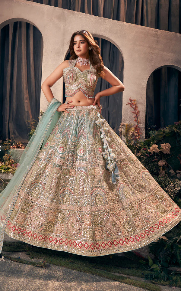 Pastel Green Designer Bridal Lehenga with Gotapatti & Hand Embroidery