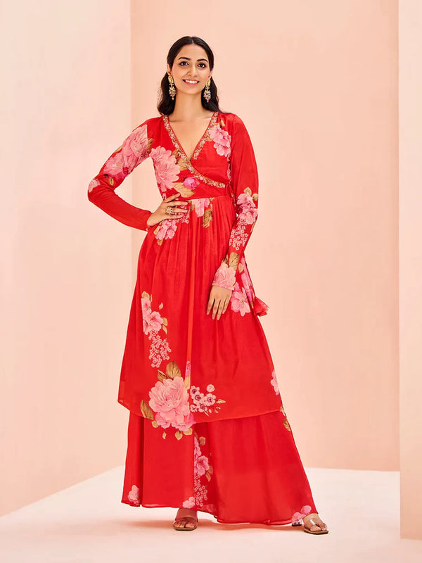 Charming and Ravishing Red Chinon Floral Printed Palazzo Set