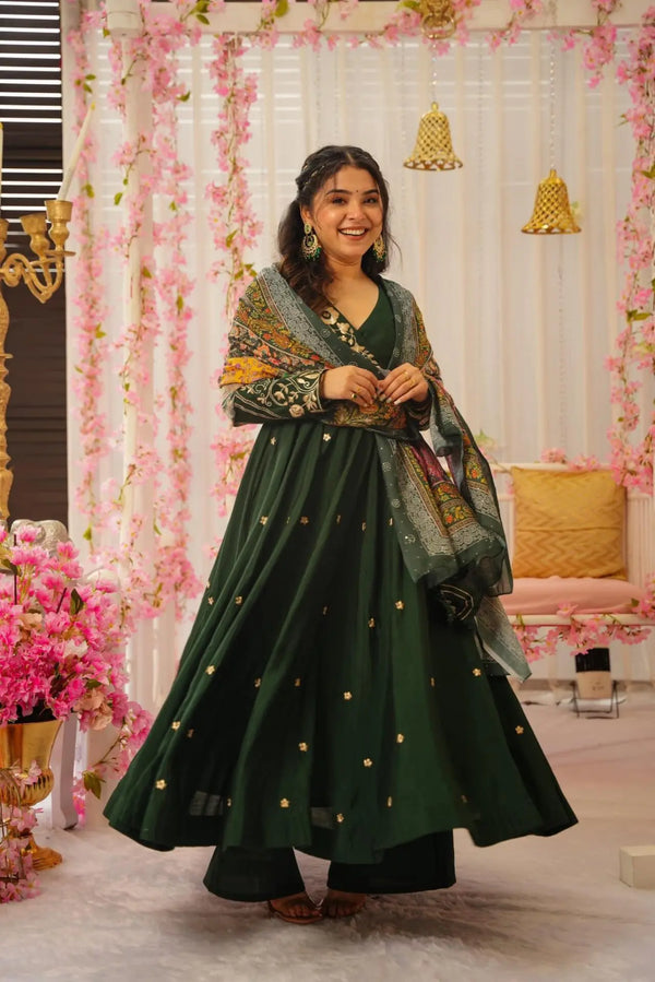 Green Chinon Silk Embroidery Thread Work Anarkali Suit