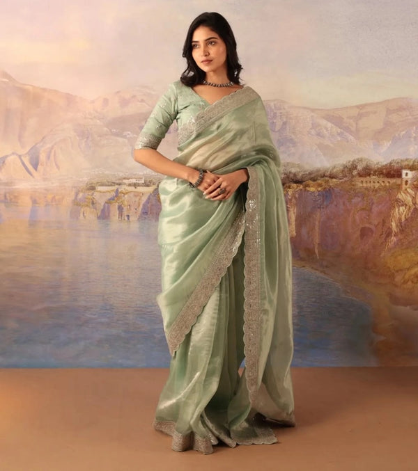 Beautiful Festival Wear Pista Green Soft Jimmy Silk Saree