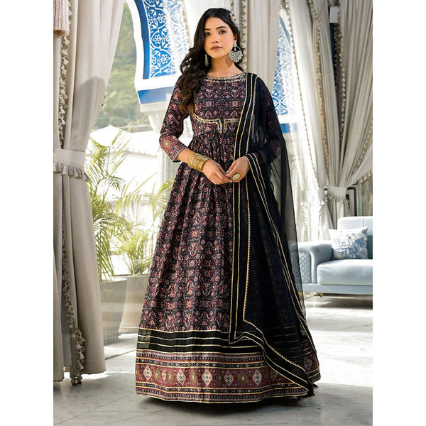 Trendy Printed Dola Silk Angrakha Style Anarkali Party Wear