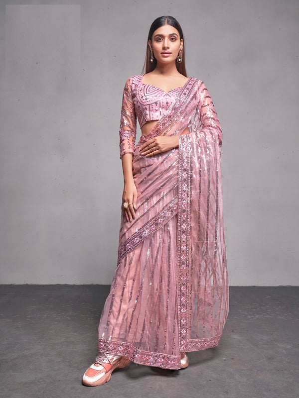 Net Mirror Work Saree With Unstitched Blouse