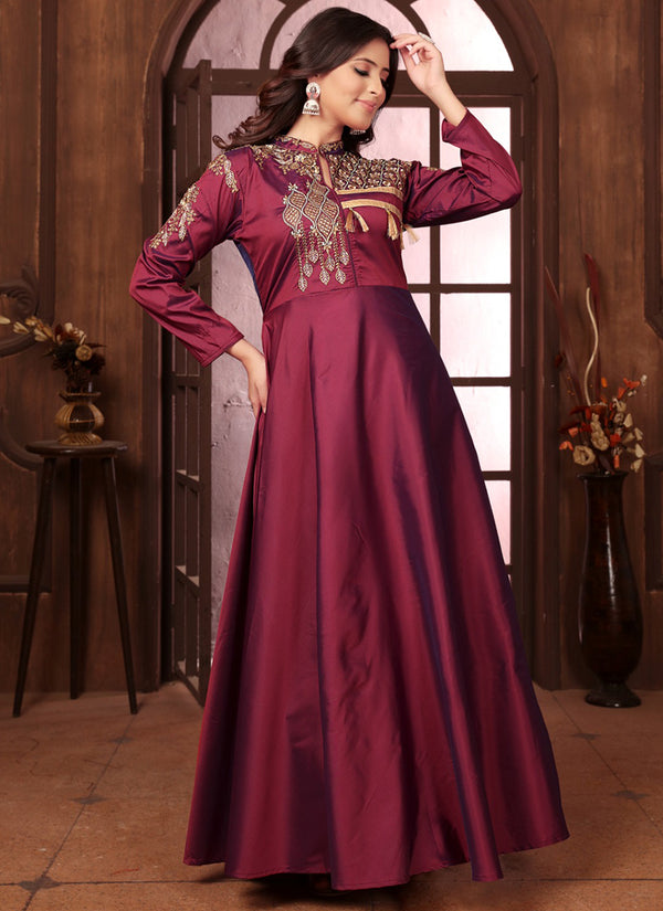 Silk Party Wear Embroidery Work Readymade Gown