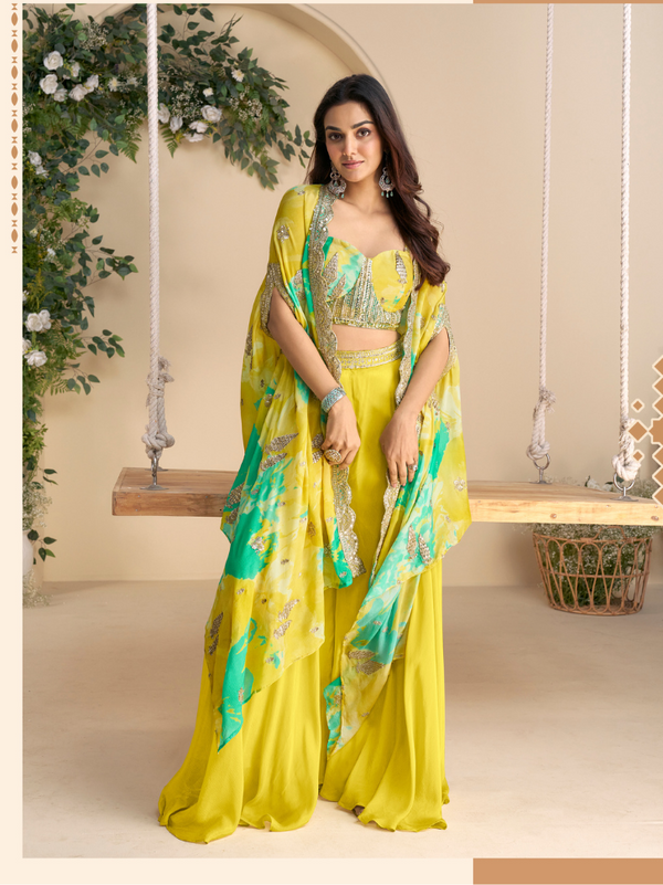 Embroidered Chinon Silk Three-Piece Set with Jacket