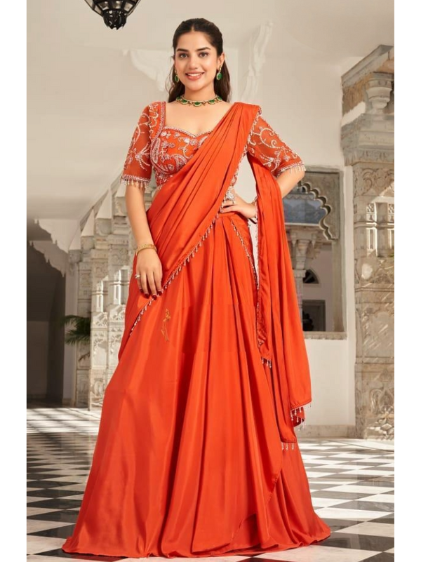 Ready Draped Crape Saree with Moti & Sequence Work Blouse