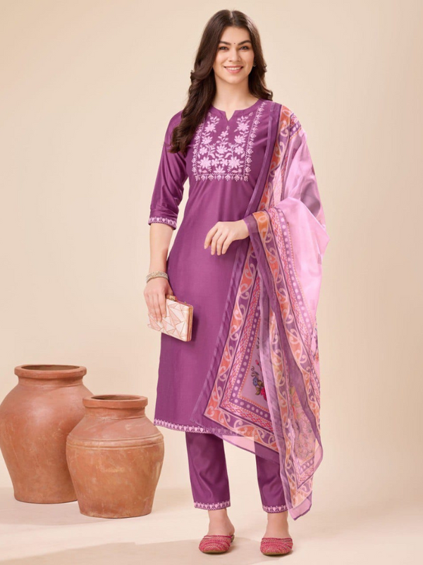 Viscose Suit Set with Floral Thread Embroidery & Organza Dupatta