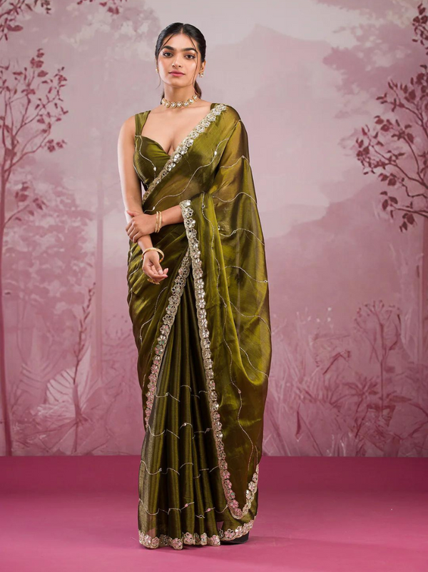Embroidered Burberry Silk Saree with Cutwork Border