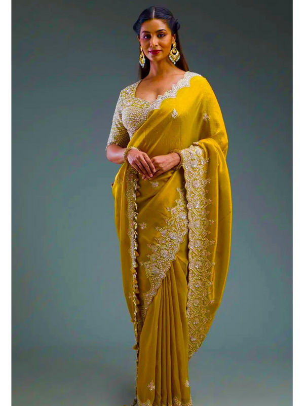 Soft Gold Crush Silk Saree with Embroidery & Zari Sequence Work