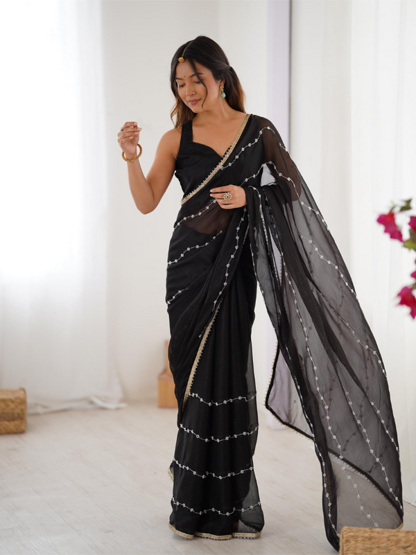 Chiffon Saree with Intricate Moti and Sequin Embroidery
