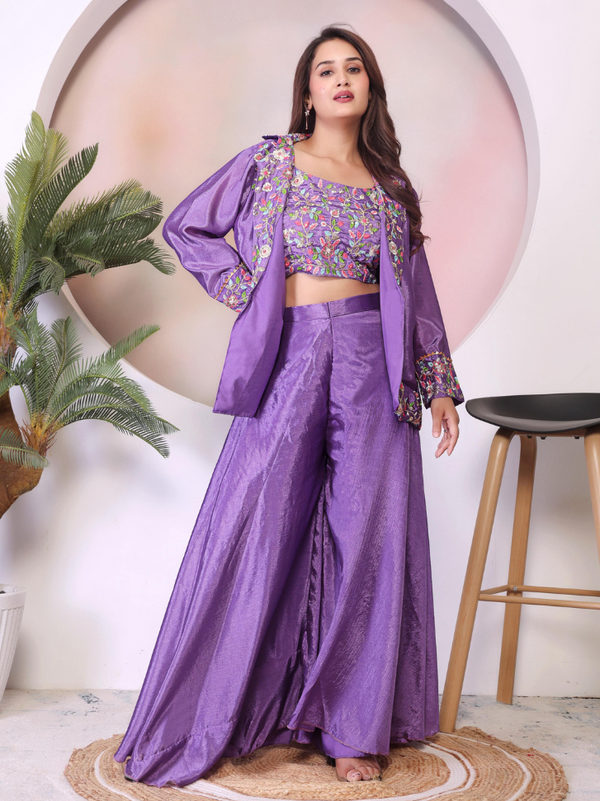 Stepnshop Elegant Indo Western Crop Top & Koti Set in Chinon Silk