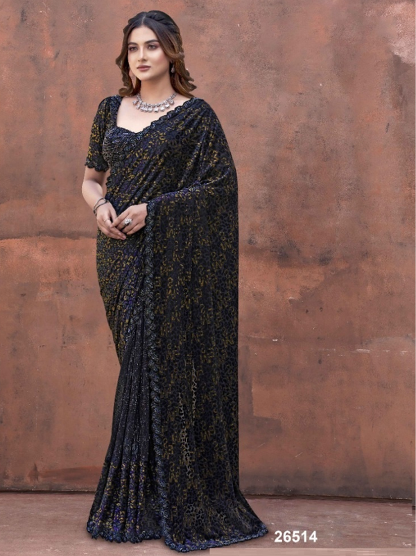 Stepnshop Premium Velvet Saree with Beads & Handcrafted Detailing