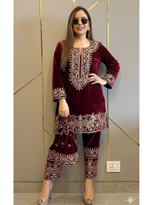 Stepnshop Velvet Top & Bottom Set with Elegant Embroidery