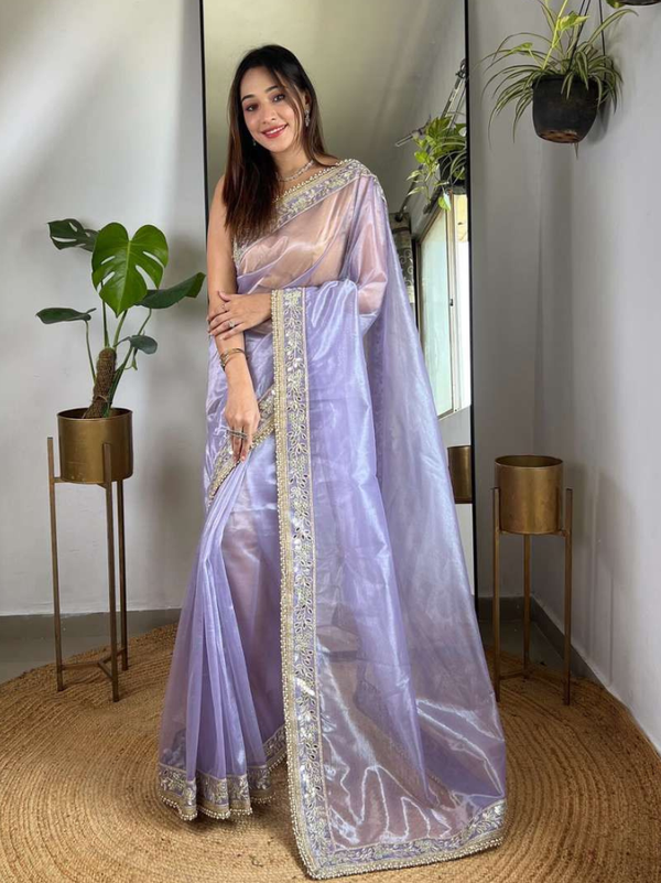 Stepnshop Designer Twill Net Saree with Hand Embroidered Mirror Detailing