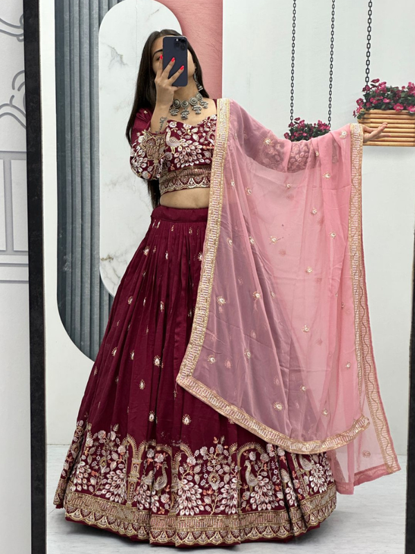 Stepnshop Vichitra Silk Sequins & Thread Embroidered Lehenga Set