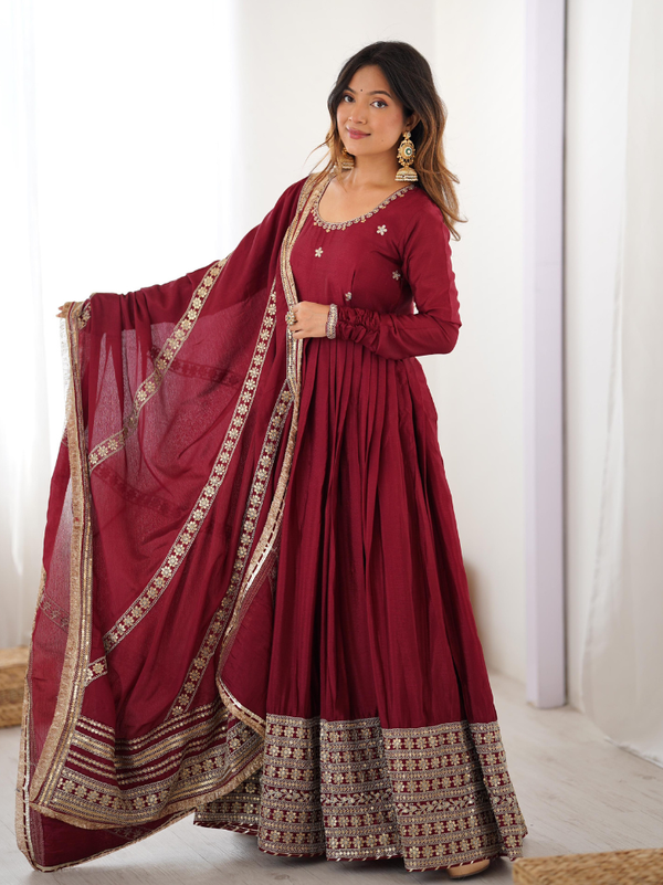 Stepnshop (ST06) Premium Chinon Silk Anarkali with Thread–Sequence Work