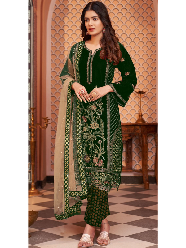 Stepnshop Velvet Pakistani Embroidered Suit with Moti Work