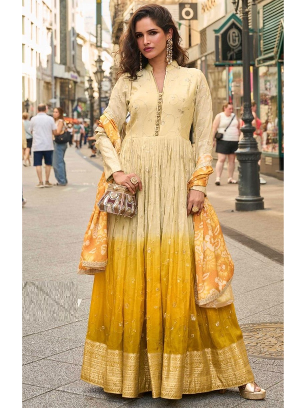 Stepnshop (ST06) Designer Simar Silk Embroidered Gown Set with Dupatta