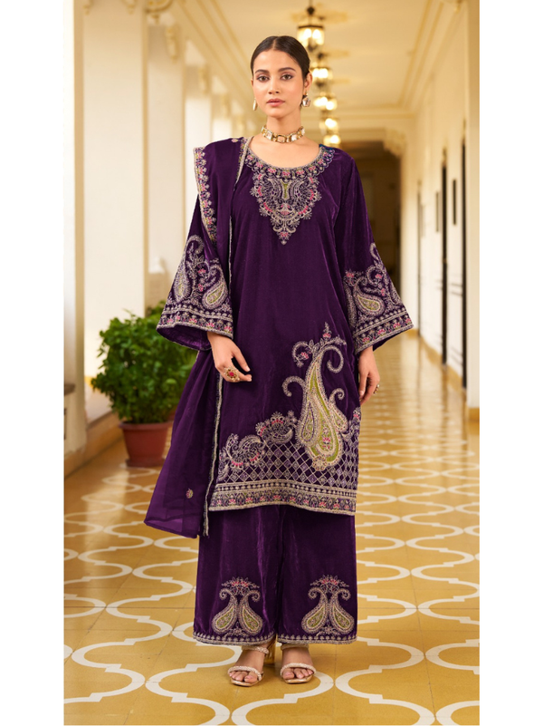 Stepnshop Velvet Pakistani Embroidered Suit with Organza Dupatta
