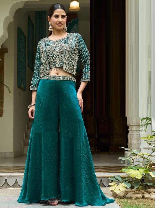 Stepnshop Designer Indo Western Crop Top and Jacket Set with Embroidery Work