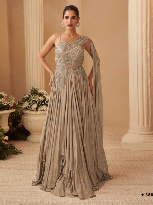 Stepnshop Graceful Chinon Silk Gown with Embroidery Work