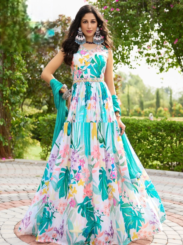 Stepnshop Designer Silk Gown with Fancy Dupatta and Handcrafted Details