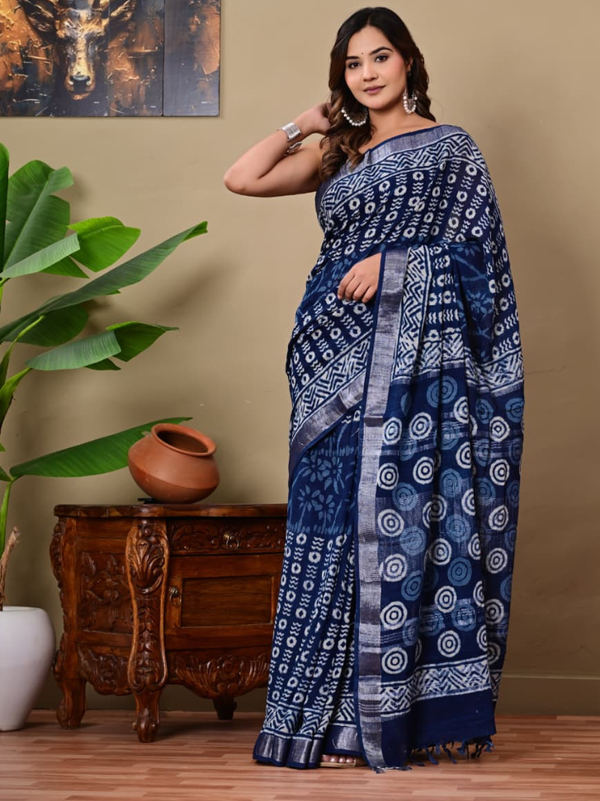 Stepnshop Linen Saree with Traditional Handcrafted Prints Work