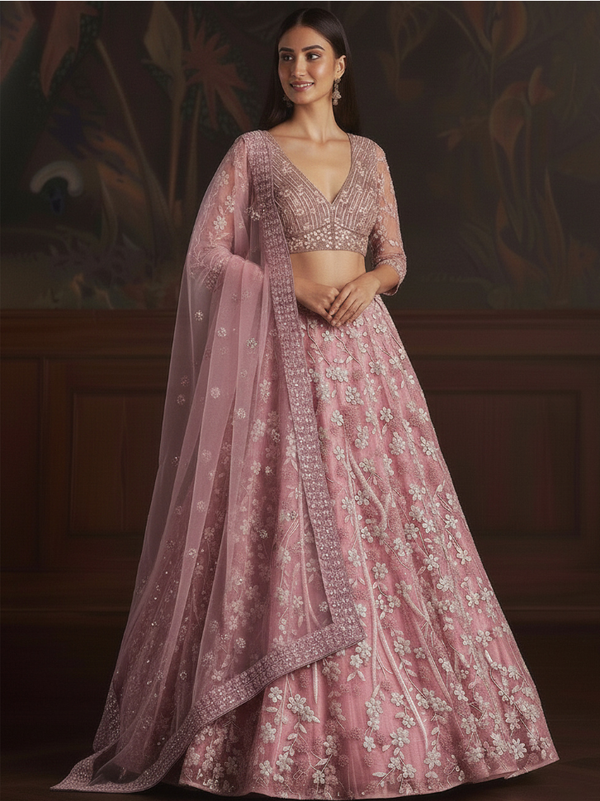 Stepnshop Elegant Net Lehenga with Thread Embroidery Work