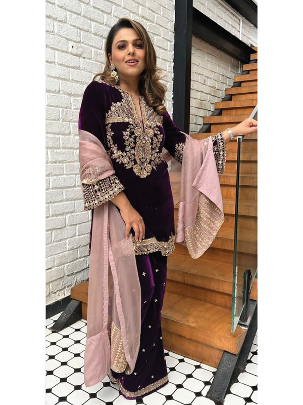 Stepnshop Velvet Embroidered Sharara Suit with Zari & Sequin Detailing