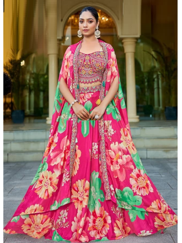 Stepnshop Silk Indo-Western Lehenga Set with Embroidery & Stone Detailing