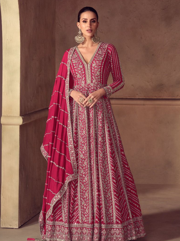 Stepnshop Premium Chinon Wedding Anarkali Gown with Dupatta