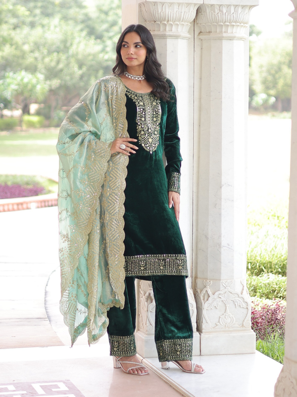Stepnshop Velvet Embroidered Suit Set with Sequin Work