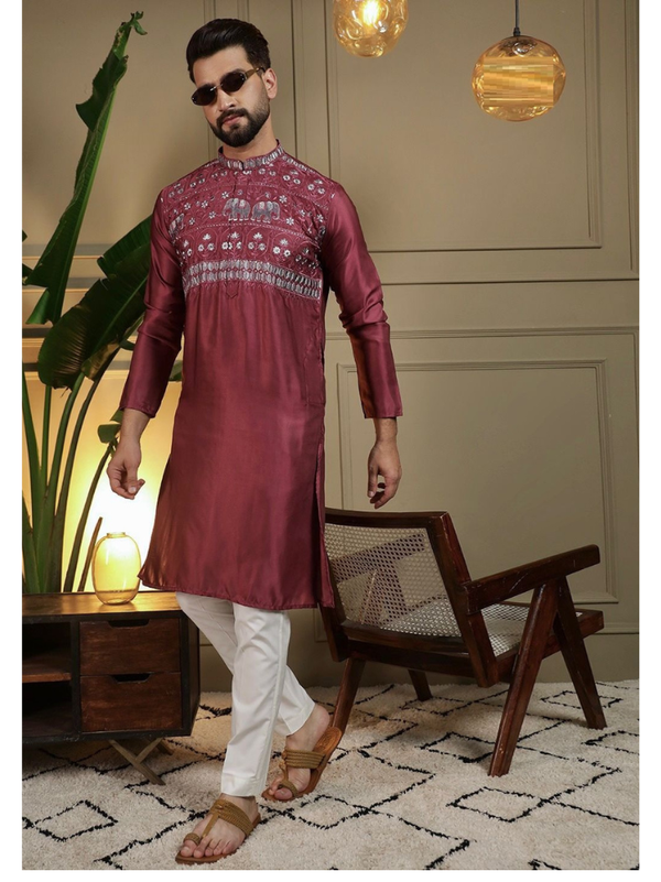 Stepnshop Men’s Silk Kurta Pajama with Embroidery Work