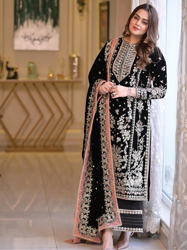 Stepnshop Premium Velvet Embroidered & Zari Work Suit Set