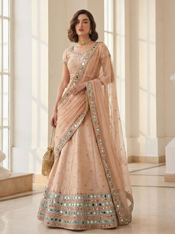 Stepnshop Silk Lehenga with Real Mirror & Embroidery Work
