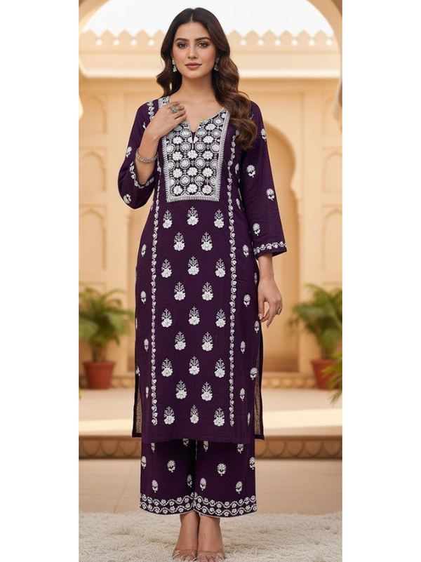 Kruti Style Rayon Embroidered Suit Set